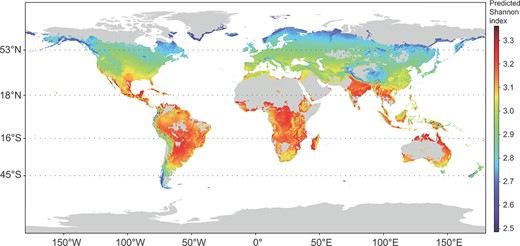 Global prediction of vertebrate-associated virome diversity under SSP4.5 in 2019.