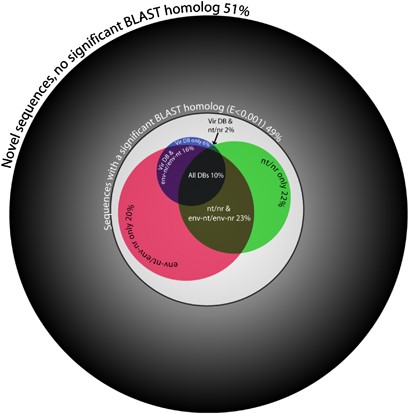 Venn diagram of BLAST search results by database and relationship of sequences with a significant BLAST homolog (E<0.001) to all sequences. Circle size represents the number of sequences within each category and are drawn to scale. Areas of circle intersections approximate the frequency of BLAST homologs across multiple databases. Outermost black circle represents all sequences, whereas the inner white circle represents all sequences with a significant BLAST homolog. The venn diagram contained within the white circle shows the frequency of sequences with BLAST homologs to three database types: nt/nr (GenBank nucleotide and GenBank non-redundant protein); env-nt/env-nr (GenBank environmental nucleotide and GenBank environmental non-redundant protein); and Vir DB (three viral metagenome libraries).