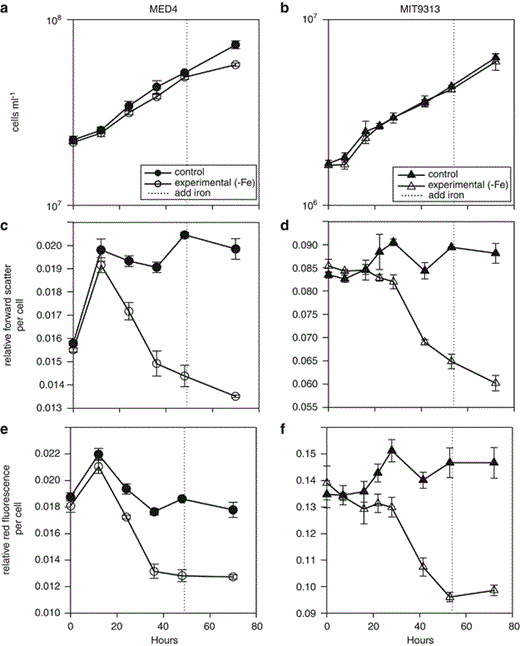 Growth and cell properties of Prochlorococcus MED4 and MIT9313 over a time course of iron deprivation and recovery. The time point at 0 h was taken immediately after the cells were centrifuged and re-suspended in either +Fe (control) or −Fe (experimental) media. (a, b) Changes in cell concentration; (c, d) mean forward angle light scatter (FALS) relative to standard beads; and (e, f) mean red fluorescence relative to standard beads. All points represent the mean of duplicate or triplicate cultures. Dotted line indicates iron addition to the −Fe treatment.
