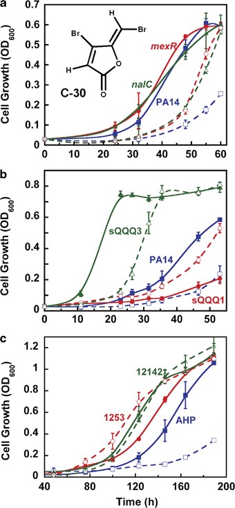 The mexR and nalC mutations render P. aeruginosa less sensitive to QQ compound C-30 during growth in adenosine minimal medium. (a) Growth (at 37 °C) of wild-type P. aeruginosa PA14 (blue squares), transposon mutant mexR (red circles) and transposon mutant nalC (green triangles). (b) Growth of spontaneous quorum quenching quandary mutants (sQQQ) 1 (red circles) and sQQQ3 (green triangles) vs wild-type PA14 (blue squares). (c) Growth of CF clinical isolate 1253 (red circles) and CF Liverpool epidemic strain 12142 (green triangles) with enhanced mexA expression vs control strain AHP (blue squares). Open symbols indicate the presence of 50 μm C-30, whereas closed symbols indicate the absence of C-30. Data represent the mean±s.d.; n=3.