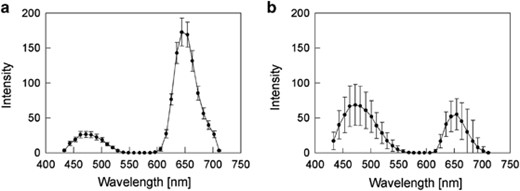 Averaged emission spectrum for exponentially grown vegetative cells (a) and free akinetes from akinete-induced culture (b) stained with Hoechst 33258 and recorded by a laser scanning confocal microscopy. The average spectrum and the corresponding s.d. are calculated from spectra acquired from more than 70 free akinetes or vegetative cells of exponentially grown trichomes.