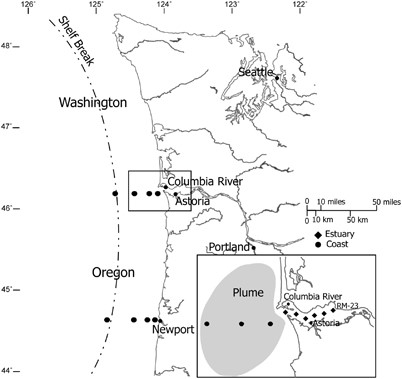 Map of the Oregon and Washington coast. Inset depicts Columbia River estuary and plume region. Dotted line denotes approximate location of shelf break.