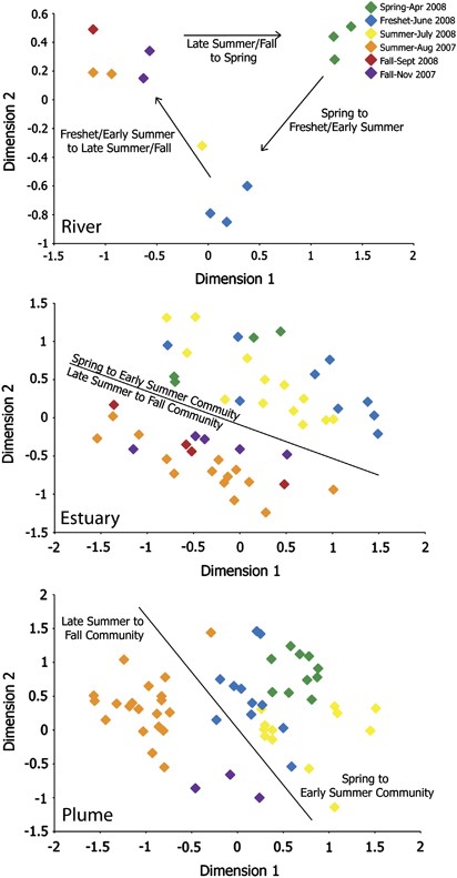 Seasonal multiple dimensional scaling diagram of river, estuary and plume. River displays three seasonal communites, which cluster into two communities, early (April–July) and late (August–November), in the estuary and plume. Stress=0.04, 0.15 and 0.17 for river, estuary and plume, respectively.
