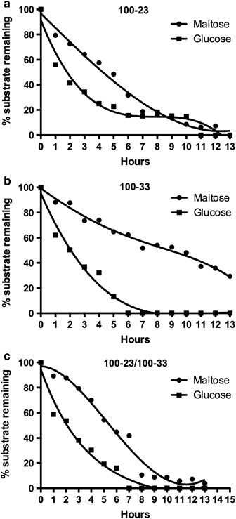 Utilisation of maltose and glucose by pure cultures of strains 100–23 (a) or 100–33 (b), or by a mixed culture of 100–23 and 100–33 (c). Means of triplicate samples per sampling time were plotted.