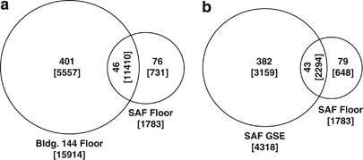 Venn diagram showing the MOTU detected in various samples of the cleanrooms. Comparison (a) between SAF and Bldg 144 cleanroom floor samples and (b) between floor and GSE samples of SAF cleanroom. Parentheses denote total number of pyrosequences generated and the numerals without parentheses are total number of MOTU present in that sample.