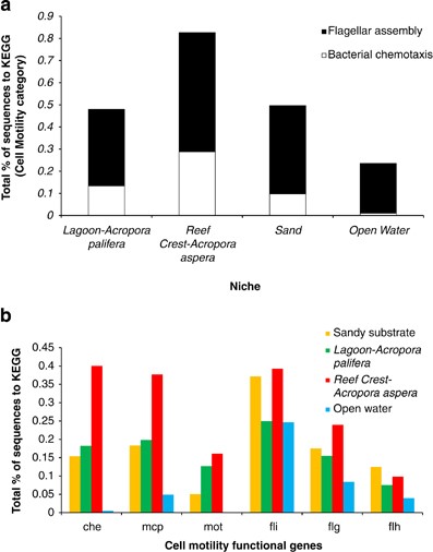 Functional categories of motility and chemotaxis composition of four metagenomic libraries derived from different reef habitats on Heron Island by comparing the sequences with BLASTn to the KEGG database. (a) Cell motility category, and (b) functional genes associated with the cell motility category. Relative representation in the metagenome was calculated by dividing the number of hits to each category by the total number of hits to all categories, thus normalizing by sequencing effort.