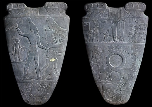 The Narmer palette (c. 3100 BCE), depicting the execution of prisoners of war (left) and decapitated enemy corpses (top right)65