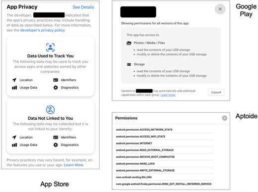 Varying presentation of privacy and permission details in different app stores.