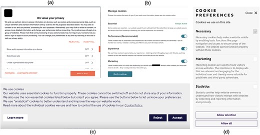 Illustrative variations of ‘manage cookies’ interfaces that users may encounter across different sites.