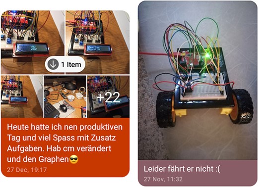 Most commonly, participants shared their successes with us (left image, translation: ‘Today, I had a productive day and a lot of fun with the additional assignments. I changed the cm and the graphs ’, but many participants did not shy away from sharing difficulties and challenges either (right image, translation: ‘Unfortunately, it doesn’t drive:(’).