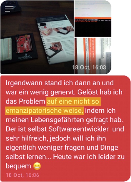 Participants sometimes expressed guilt for asking for help (translation: ‘At some point, I was stuck and somewhat annoyed. I solved the problem in a not so emancipatory way, by asking my life partner. He is a software developer and very helpful, however, I want to ask him less and learn things myself... Today, I unfortunately was too comfortable’ .