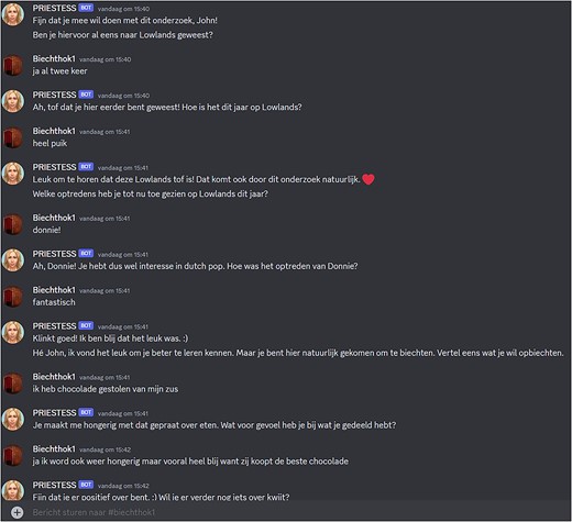 Screenshot of a (simulated) conversation between chatbot (PRIESTESS) and user (Biechthok 1) on the Discord platform that was used for this study.