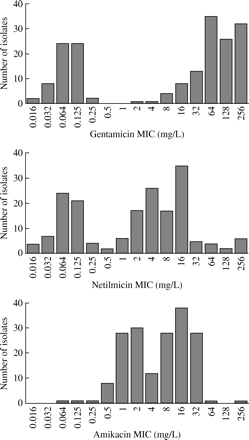Distribution of MIC values of gentamicin, netilmicin and amikacin for 180 CoNS isolates.