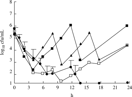 The killing effect of amoxicillin at different dosage regimens against S. pneumoniae 40932 (MIC=2 mg/L). Filled squares=875 mg twice daily; filled triangles=500 mg three times daily; open squares=875 mg three times daily (mean of two experiments); filled circles=enhanced formulation twice daily (mean of three experiments ± s.d.).