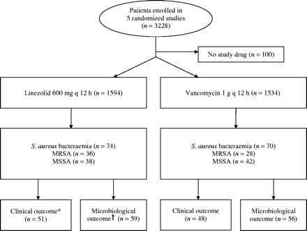 Flow diagram for patients with bacteraemia enrolled in randomized studies comparing linezolid and vancomycin. MRSA, methicillin-resistant S. aureus; MSSA, methicillin-susceptible S. aureus; q, every. *Determination of clinical outcome of primary infection. †Determination of microbiological outcome of bacteraemia.