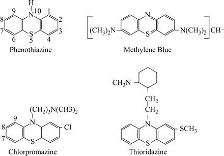 Methylene blue, chlorpromazine, thioridazine and general phenothiazine structures.