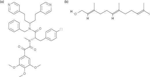 Structures of newly reported compounds. (a) Farnesol. (b) Timcodar. Obtained from PubChem; http://www.ncbi.nlm.nih.gov/pccompound.