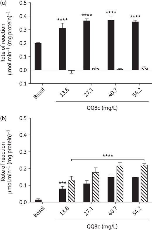 QQ8c stimulates NADH oxidation by serving as an intermediary reductant to oxygen. (a) Stimulation of NADH oxidation (black bars) by QQ8c in aerobic conditions. (b) Stimulation of NADH oxidation by QQ8c in anaerobic conditions. Reduction of QQ8c (hashed bars) was followed simultaneously with NADH oxidation. Basal refers to the NADH oxidation rate of the untreated control. All experiments were performed in inverted membrane vesicles prepared from M. bovis BCG. ***P ≤ 0.001 and ****P < 0.0001 versus basal (two-way ANOVA, Dunnett's multiple comparison test). All columns underneath the horizontal bar were ****P < 0.0001. Error bars represent the standard deviation from three independent technical replicates.