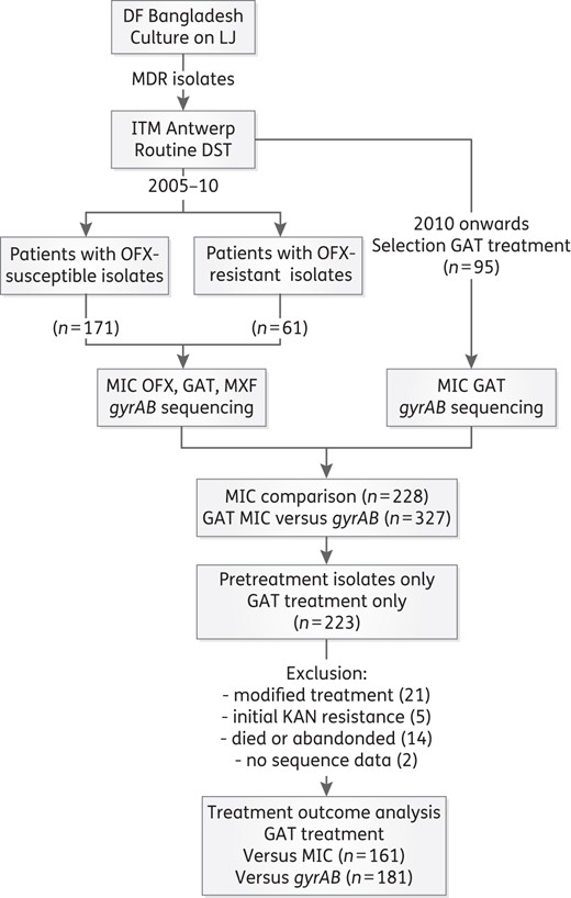 Overview of patients and M. tuberculosis complex isolates included. DF, Damien Foundation; ITM, Institute of Tropical Medicine; OFX, ofloxacin; GAT, gatifloxacin; MXF, moxifloxacin; KAN, kanamycin.