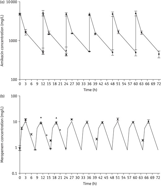 Targeted and observed concentrations of inhaled amikacin (a) and intravenous meropenem (b). Continuous lines, targeted concentrations; triangles, observed concentrations from monotherapy; squares, observed concentrations from combination therapy. Data from 16 isolates used in inhaled amikacin monotherapy and 7 isolates used in combination therapy were used (a). Due to rapid hydrolysis by KPC or IMP, only data from the following isolates were included for meropenem (b): P. aeruginosa 1504 and 1544 for monotherapy and K. pneumoniae 375, 376 and 352 and P. aeruginosa 1504 and 1544 for combination therapy.