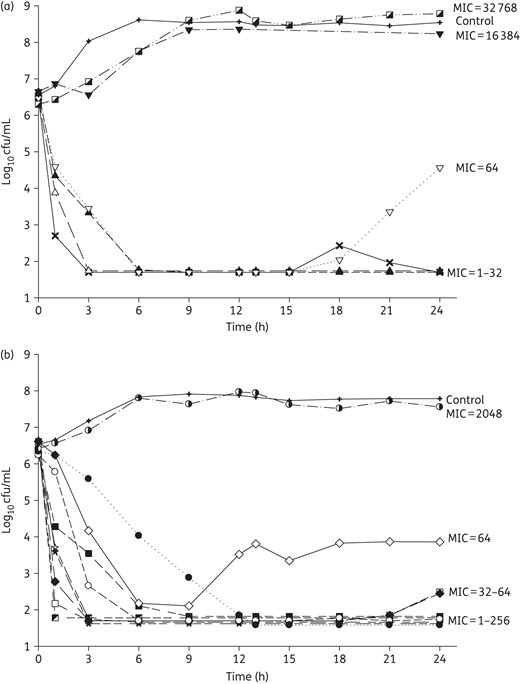 Mean bacterial density over 24 h for 6 K. pneumoniae (a) and 10 P. aeruginosa (b) tested in inhaled amikacin monotherapy. MIC values are given as mg/L.