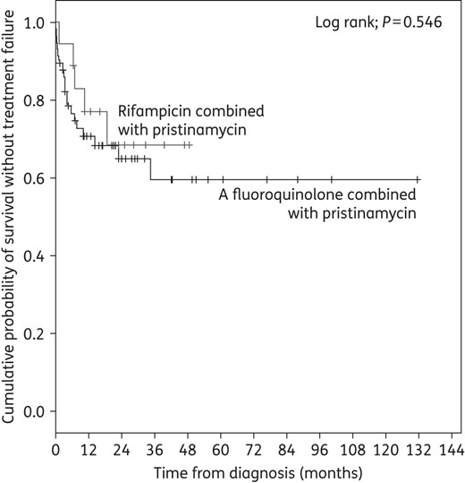 Kaplan–Meier curve for the cumulative risk of treatment failure according to pristinamycin's companion drug during oral maintenance therapy.