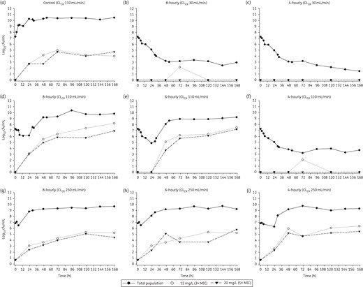 Effect of each dosing regimen at each level of renal function (CLCR of 250, 110 and 30 mL/min) on the total bacterial population and less-susceptible populations (i.e. able to grow in the presence of 3× or 5× the piperacillin MIC). For growth controls, flow rates for the respective renal functions were maintained. The increase in subpopulations at both antibiotic concentrations for each control arm was similar, with only the control simulating a CLCR of 110 mL/min shown.