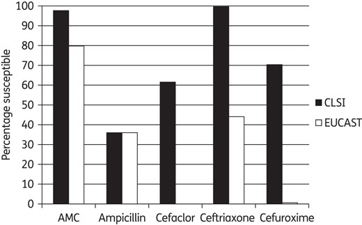 Percentage susceptible rates for antimicrobials according to CLSI and EUCAST breakpoints against H. influenzae. AMC, amoxicillin/clavulanate.