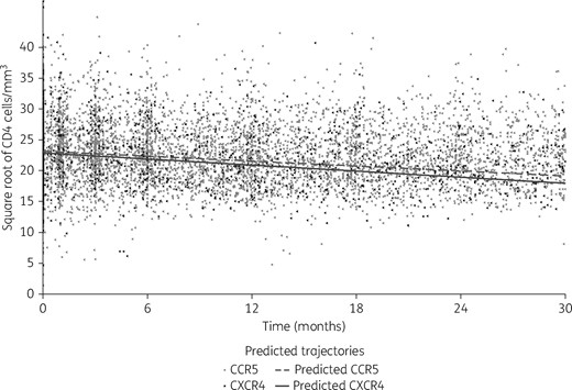 Estimated CD4 cell count decline from the piecewise linear mixed-effects model according to tropism (dashed line represents the predicted estimated CD4 cell count decline with CCR5 viruses and solid line represents the predicted estimated CD4 cell count decline with CXCR4 viruses).