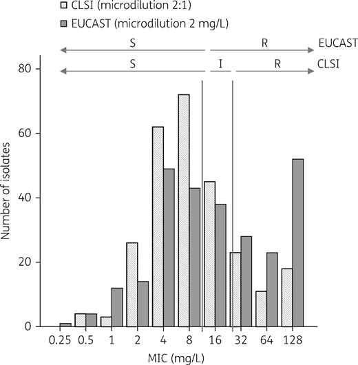 MIC distribution of amoxicillin/clavulanate for all isolates according to the method used: microdilution with a 2:1 amoxicillin/clavulanate ratio (CLSI) and microdilution with fixed 2 mg/L clavulanate (EUCAST). I, intermediate; R, resistant; S, susceptible.