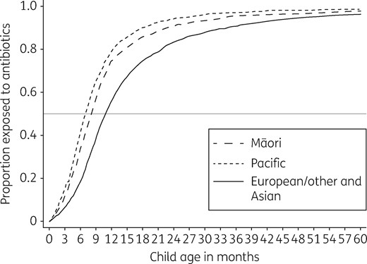 Cumulative distribution function of children dispensed an antibiotic course by child age in months and ethnicity.