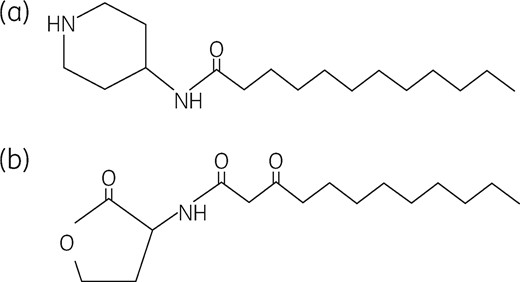 (a) Structure of AIA-1, an analogue of OdDHL. (b) Structure of OdDHL.