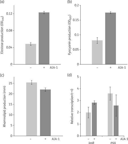 Effects of AIA-1 on the production of P. aeruginosa virulence factors. (a) Elastase production. (b) Pyocyanin production. (c) Rhamnolipid production. (d) Expression of lasB and rhlA in PAO1. A culture grown overnight was diluted 100-fold and grown to an OD600 of 0.2–0.25, and was then incubated with AIA-1 for 8 h. Transcription levels at 8 h were measured by qRT–PCR and standardized to rpsL expression. Each experiment was performed in triplicate. Error bars show SDs for three experiments.