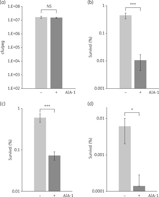 Efficacy of AIA-1 against PAO1 biofilms. (a) Effects of AIA-1 on PAO1 biofilm formation. Killing assay for biofilm cells using (b) 32 mg/L biapenem, (c) 32 mg/L tobramycin and (d) 2 mg/L levofloxacin. By assuming that survival before AIA-1 exposure was 100%, cfu values were converted to percentages. *P < 0.05; ***P < 0.001; NS, not significant (Student’s t-test). Error bars show SDs for four experiments.