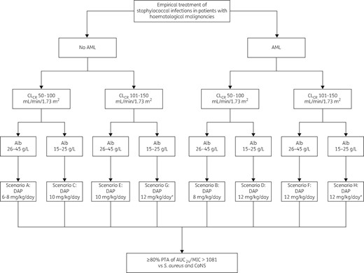 Algorithm for choosing the most advisable daptomycin (DAP) dosing regimen in oncohaematological patients with S. aureus and/or CoNS bacteraemia, in relation to different classes of underlying haematological disease, CLCR estimates and albumin levels. An asterisk indicates that TDM is suggested.