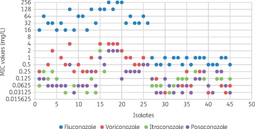 BMD susceptibility results for 45 C. tropicalis isolates with fluconazole, voriconazole, itraconazole and posaconazole. Green itraconazole dots are obscured by purple posaconazole dots for isolates 17, 18 and 19. This figure appears in colour in the online version of JAC and in black and white in the print version of JAC.