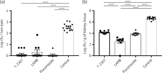 Fungal burden in the eyes (a) and the kidneys (b) of mice after infection with C. albicans and antifungal agent treatments in the late-phase treatment experiments. Ocular and kidney fungal burden is shown as log cfu/two eyes and log cfu/g of kidney tissue, respectively. All results are expressed as mean ± SEM and data were pooled from three independent experiments (T-2307 group, n = 16; LAMB group, n = 10; fluconazole group, n = 10; and control group, n = 15). ****P < 0.0001.
