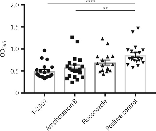 C. albicans biofilm stained with crystal violet. Biofilm values are shown as OD595. All results are expressed as mean ± SEM and data were pooled from three independent experiments (T-2307 group, n = 20; amphotericin B group, n = 20; no-treatment control group, n = 20; and fluconazole group, n = 16). **P < 0.01 and ****P < 0.0001.