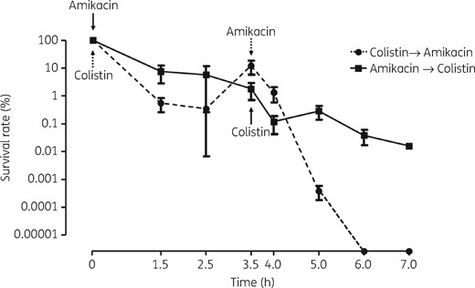 Survival rates when two antibiotics (colistin and amikacin) were applied in alternate order without regrowth. The survival rates were evaluated over time for four isolates of A. baumannii C010. The surviving cells were susceptible to two antibiotics, indicating that they are persister cells.