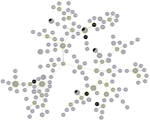 goeBURST diagram of all STs identified among carbapenem-resistant P. aeruginosa (n = 225) from 2012 to 2016. More than 150 unique STs were identified. The most common STs were 17, 235 and 357. XDR isolates are shown in black and non-XDR isolates in grey. The relative sizes of the circles correlate to the number of isolates of a particular ST (i.e. larger circles have greater numbers of isolates with the same ST). This figure appears in colour in the online version of JAC and in black and white in the print version of JAC.