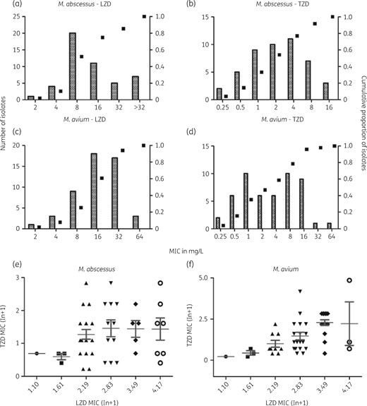 MIC distributions of linezolid and tedizolid for clinical isolates of M. abscessus (n = 47) and M. avium (n = 51). (a) Linezolid MIC distribution for M. abscessus. (b) Tedizolid MIC distribution for M. abscessus. (c) Linezolid MIC distribution for M. avium. (d) Tedizolid MIC distribution for M. avium. (e) Correlation between linezolid MIC and tedizolid MIC for M. abscessus. MICs were not correlated (n = 47, Spearman’s ρ = 0.2304, two tailed, P = 0.1192). (f) Correlation between linezolid MIC and tedizolid MIC for M. avium. MICs are correlated (n = 51, Spearman’s ρ = 0.5921, two tailed, P < 0.0001). LZD, linezolid; TZD, tedizolid.