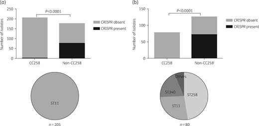 Presence of CRISPR-Cas loci in the CC258 and non-CC258 groups of K. pneumoniae: (a) 381 clinical isolates collected in this study and MLST of 205 clinical isolates belonging to the CC258 group; and (b) 207 completely sequenced strains available in GenBank and MLST of 80 sequenced strains belonging to the CC258 group.