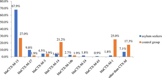 Distribution of the most frequently detected blaCTX-M genes among the asylum seeker and control group isolates. This figure appears in colour in the online version of JAC and in black and white in the print version of JAC.