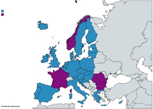 Map of Europe showing the 30 EU/EEA countries included in the series of articles. Blue colour indicates countries included in both the longitudinal (quarterly consumption) and the compositional (yearly consumption) data analysis, and purple colour indicates countries included only in the compositional data analysis. Map created using https://mapchart.net/europe.html.