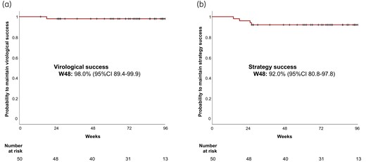 Virological success rate (a), and strategy success rate (b) under doravirine/lamivudine over time. This figure appears in colour in the online version of JAC and in black and white in the print version of JAC.