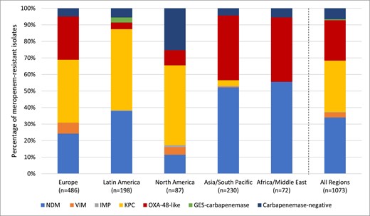 Global region diversity of carbapenemases detected among meropenem-resistant Enterobacteralesa. aIsolates that carried multiple carbapenemases were counted for each carbapenemase type. This figure appears in colour in the online version of JAC and in black and white in the print version of JAC.