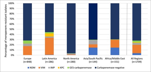 Global region diversity of carbapenemases detected among meropenem-resistant P. aeruginosaa. aIsolates that carried multiple carbapenemases were counted for each carbapenemase type. This figure appears in colour in the online version of JAC and in black and white in the print version of JAC.