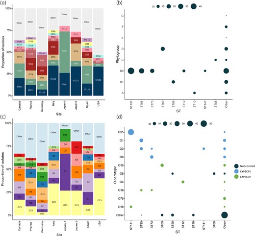 Distribution of ST (present in ≥5 isolates) and O-serotypes (present in ≥7 isolates). STs and O-serotypes present in, respectively, five or fewer and seven or fewer isolates are summarized as ‘other’. (a) The proportion of STs across hospital sites. (b) The pairwise correlation of STs with Clermont phylogroups. The magnitude of the circles indicates the number of isolates following the legend. (c) The proportion of O-serotypes across hospital sites. D The pairwise correlation of O-serotypes and ST. The magnitude of the circles indicates the number of isolates following the legend.