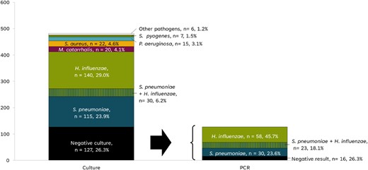 Aetiology of AOM identified by culture or PCR. AOM, acute otitis media; n, number of samples in the culture; PCR, polymerase chain reaction.