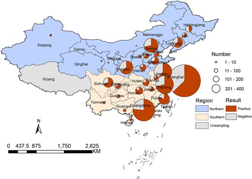 Distribution of positive samples from pets by geographical location.